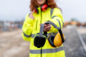 Female,Builder,In,Bright,Yellow,Safety,Gear,Demonstrates,Hearing,Protection
