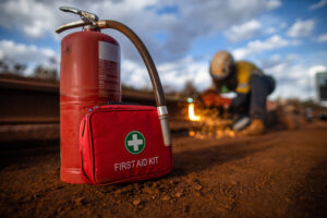 Safe,Workplace,Red,First,Aid,Kit,Together,With,Fire,Extinguisher