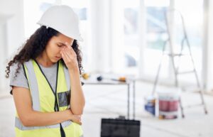 Woman,,Construction,And,Headache,Or,Stress,In,Home,For,Development